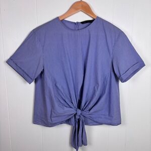 Zara Woman Blue Striped Tie Knot Front Short Sleeve Blouse‎ Size Small